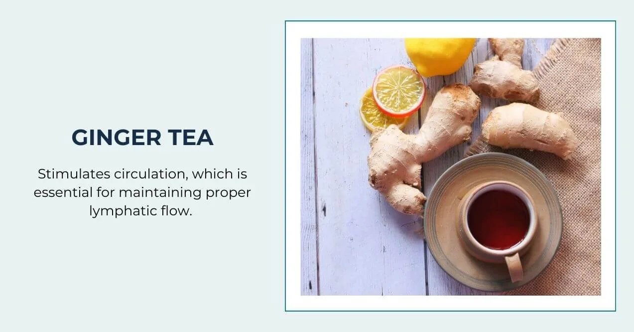 A cup of ginger tea with fresh ginger root and lemon slices to stimulate circulation.