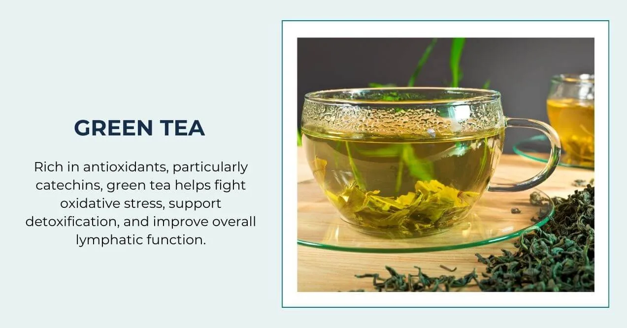 A glass cup of green tea with loose tea leaves, rich in antioxidants for lymphatic function.