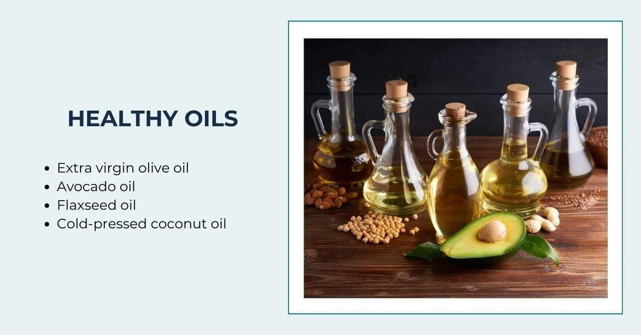 Bottles of olive, avocado, and flaxseed oils.