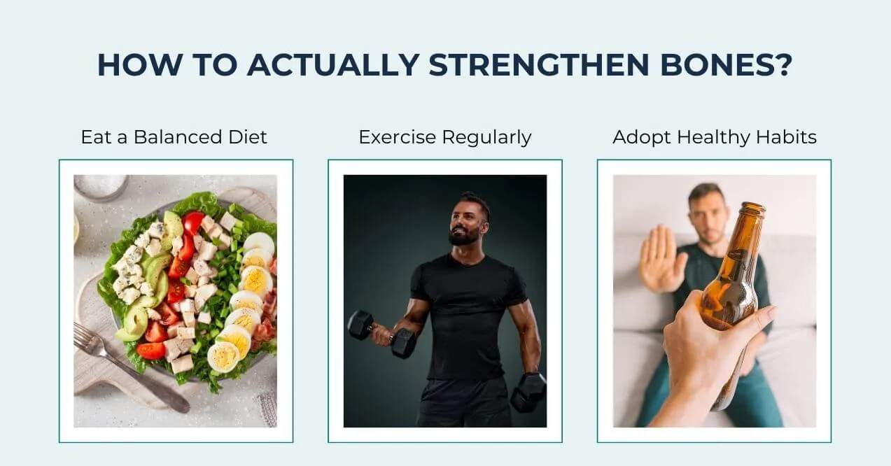 Infographic listing bone-strengthening methods such as diet, exercise, and healthy habits.