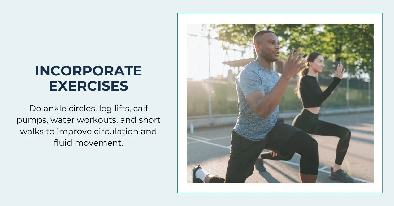 Two people performing exercises to enhance circulation and fluid movement.