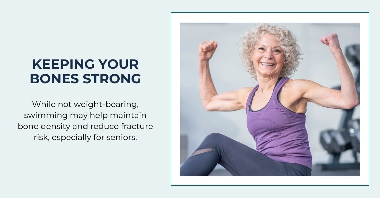 Older woman in athletic wear flexing her arms, showing confidence and bone strength.