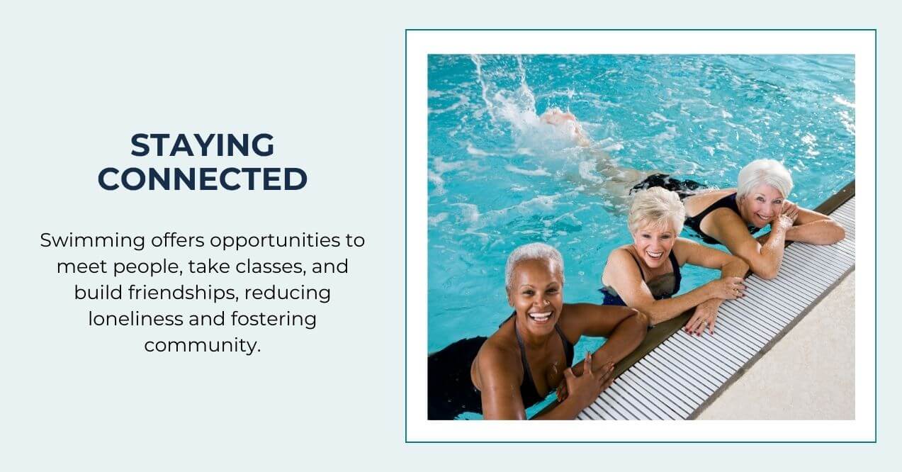 Three older women smiling and relaxing by the pool, enjoying social connection through swimming.