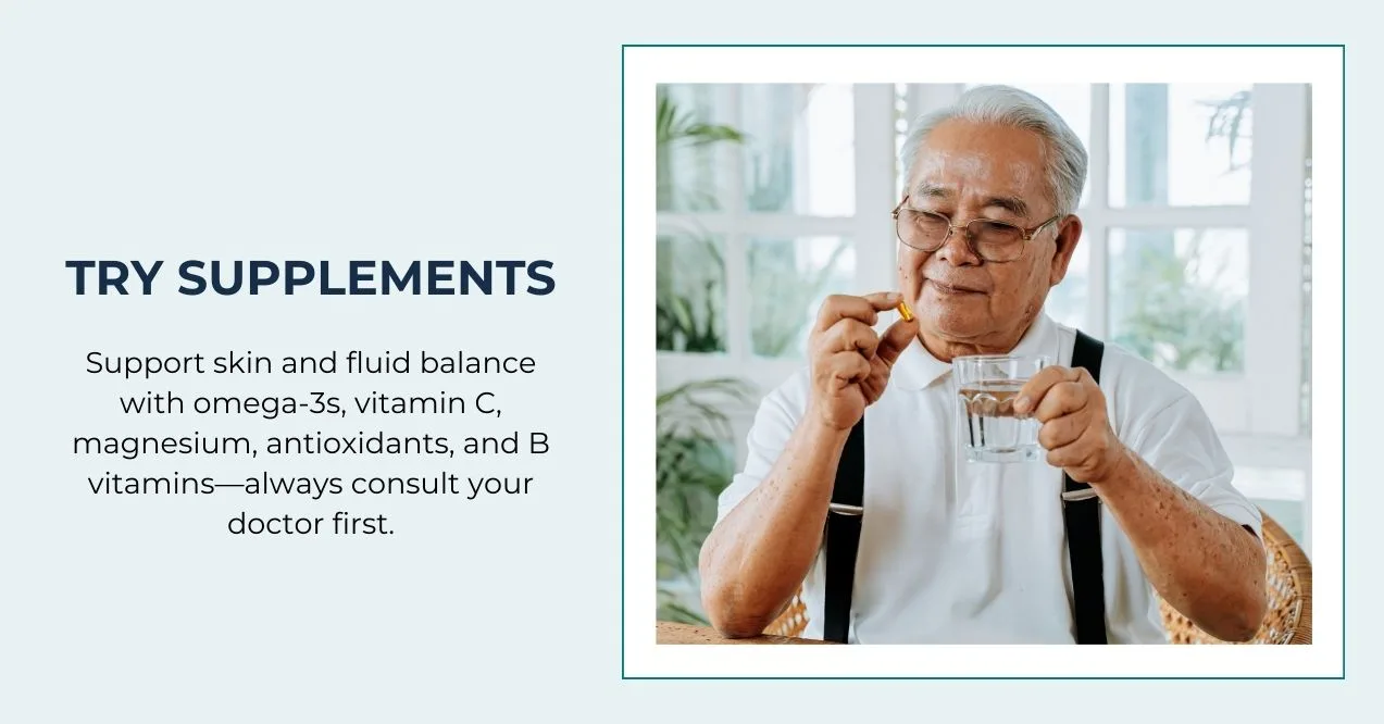 Elderly person taking supplements with water to support health.