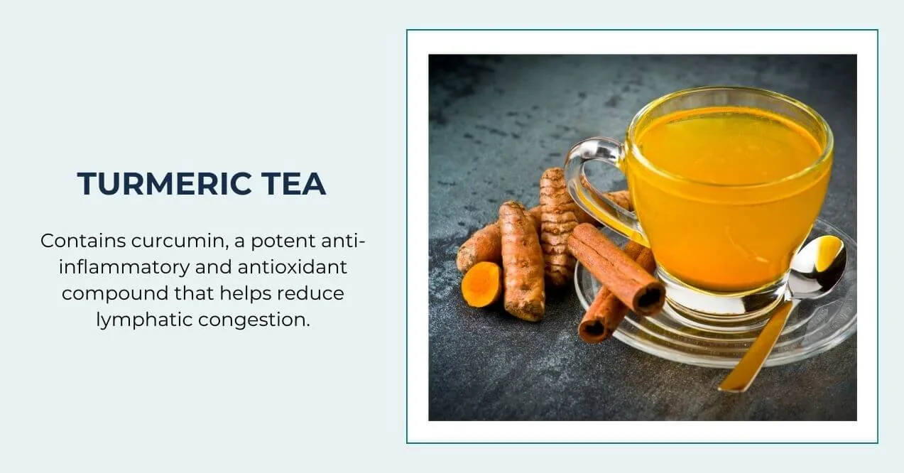 A cup of golden turmeric tea with cinnamon and turmeric roots for lymphatic support.