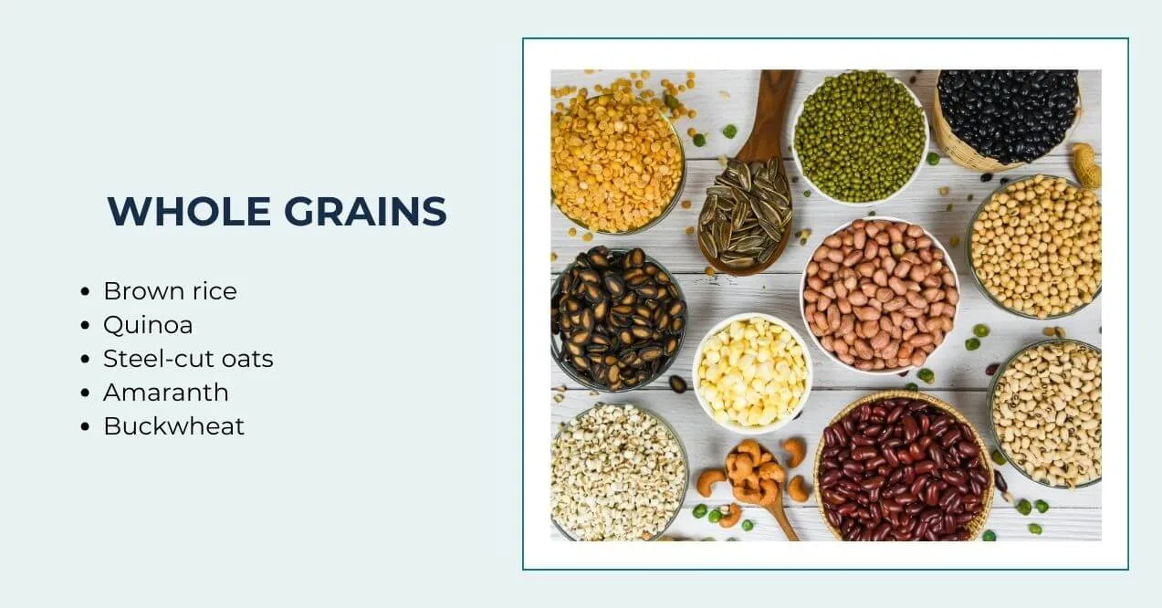 Selection of whole grains including quinoa, oats, and brown rice.