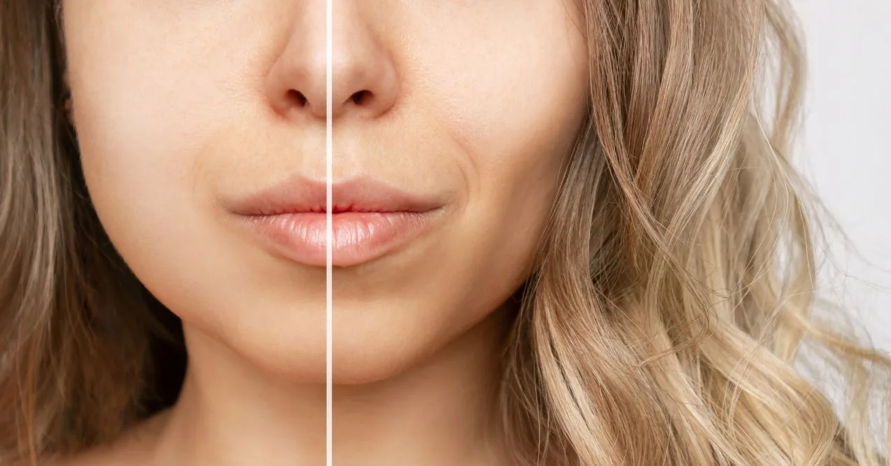 Side-by-side comparison of face with and without fat.
