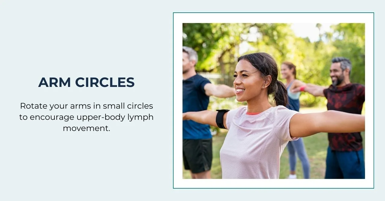 Group doing arm circles as part of upper-body exercises for lymphatic drainage