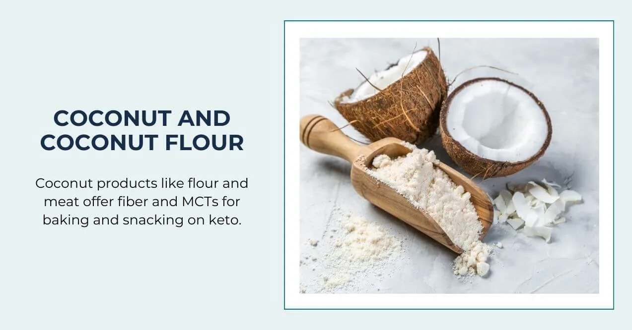 Open coconuts and coconut flour on a white surface
