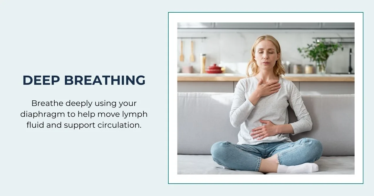Woman practicing deep breathing for lymphatic drainage and relaxation