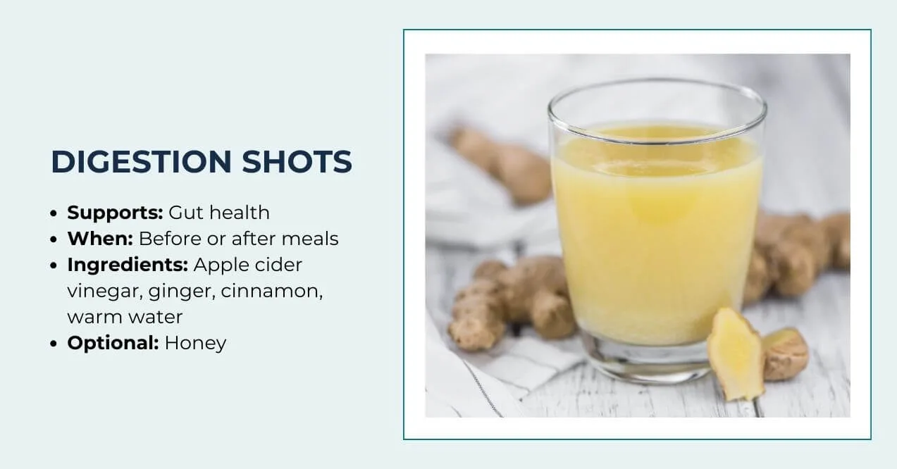 Yellow digestion shot in glass with ginger and apple cider vinegar