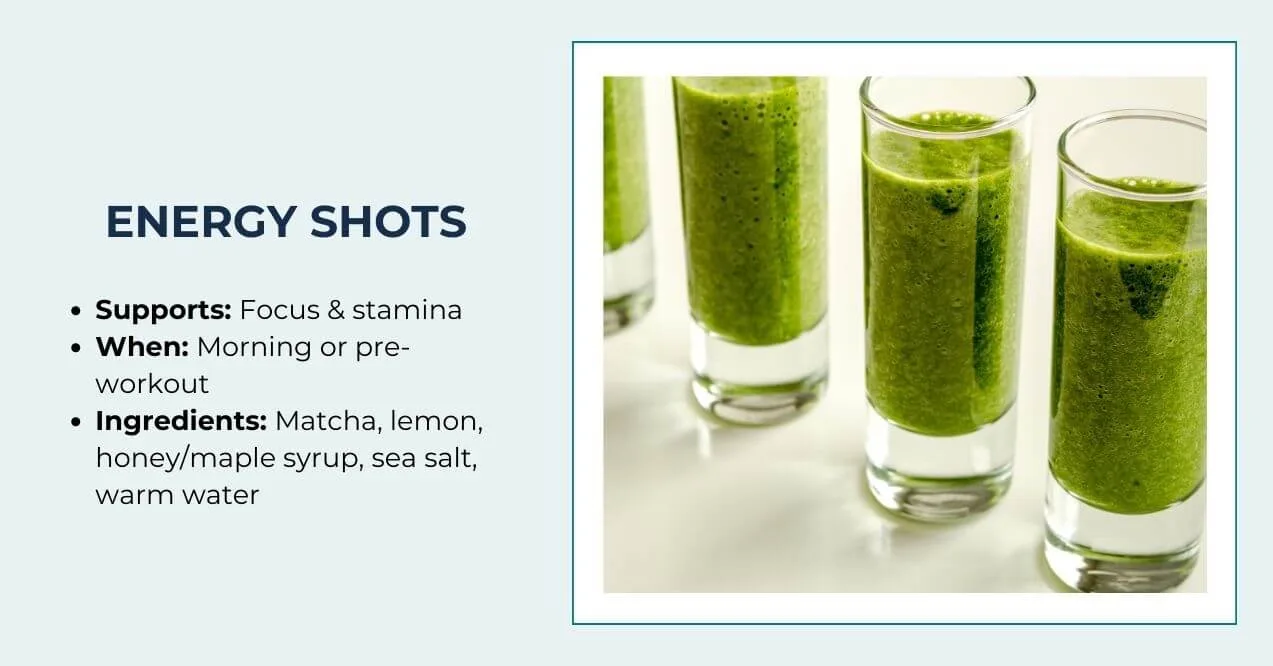 Green energy shots with matcha and ingredients list for focus and stamina