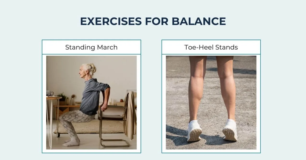 Elderly person doing a standing march exercise to improve balance.
