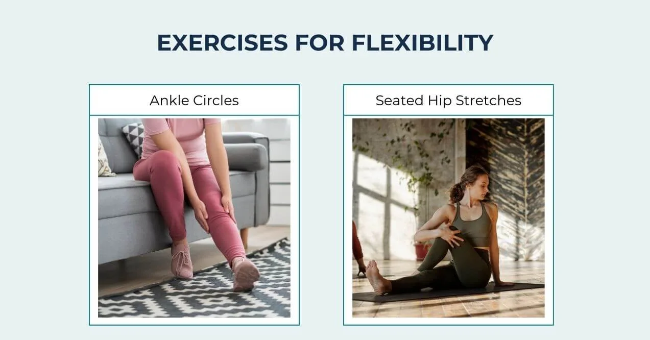Person performing ankle circles and seated hip stretches for flexibility.