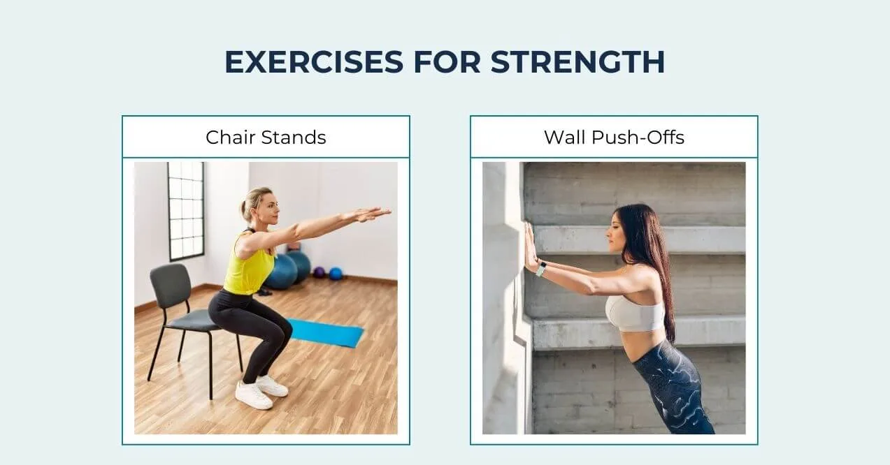 Woman performing chair stands and wall push-offs to build strength.