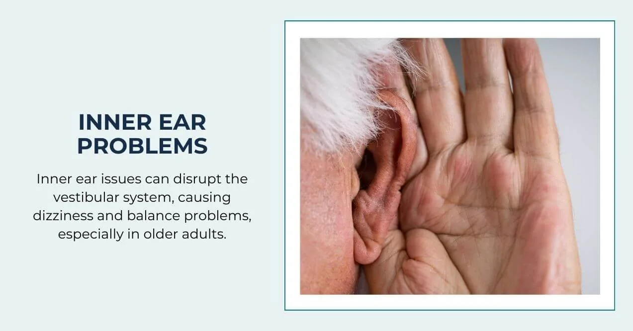 Senior man holding his ear to address inner ear issues causing balance problems.