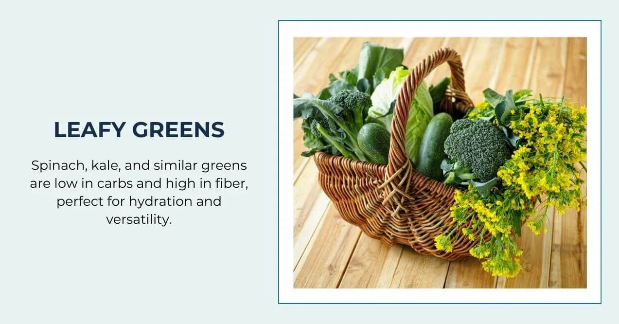 Basket of leafy greens like kale, spinach, and broccoli on a wooden table