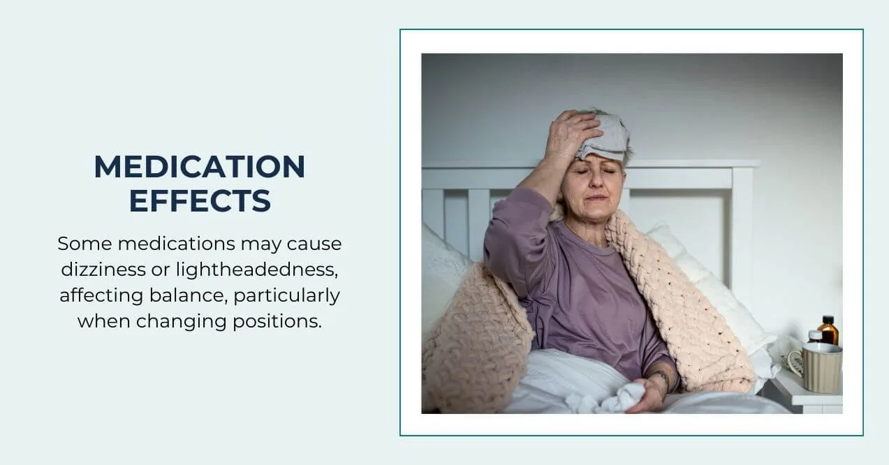 Senior woman with a headache, possibly due to medication side effects.