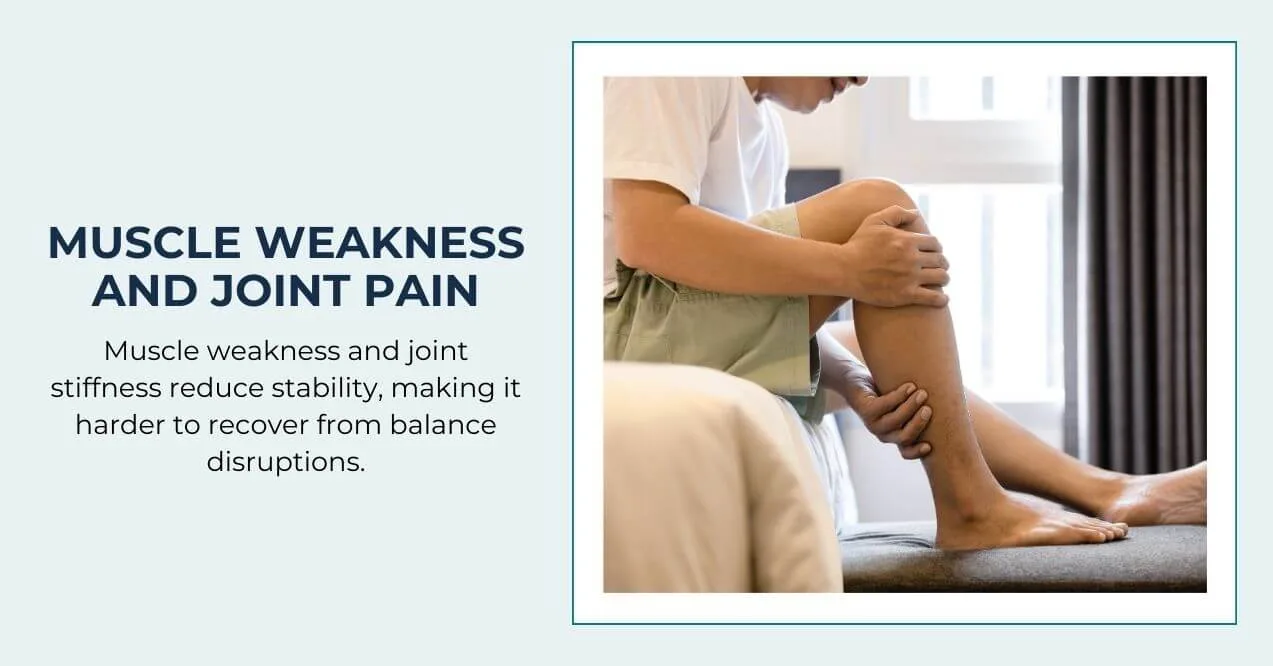 Person holding their leg due to joint pain and muscle weakness.
