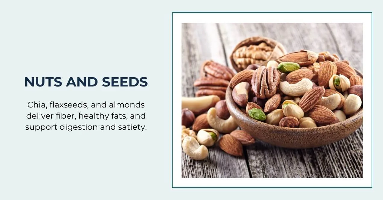 Bowl of mixed nuts and seeds on a wooden surface