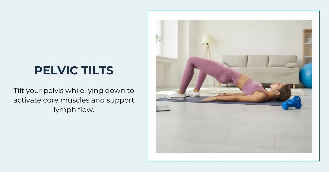Woman performing pelvic tilts on mat for lymphatic drainage and core activation