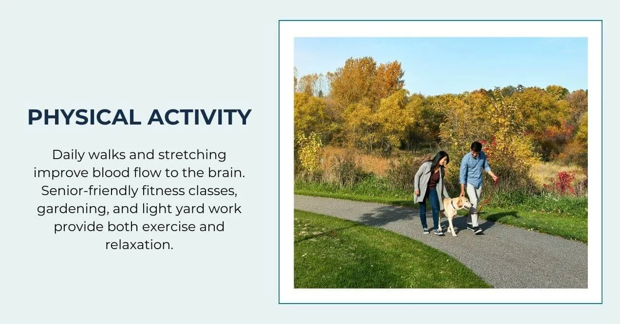 Couple walking their dog on a park path surrounded by autumn trees.