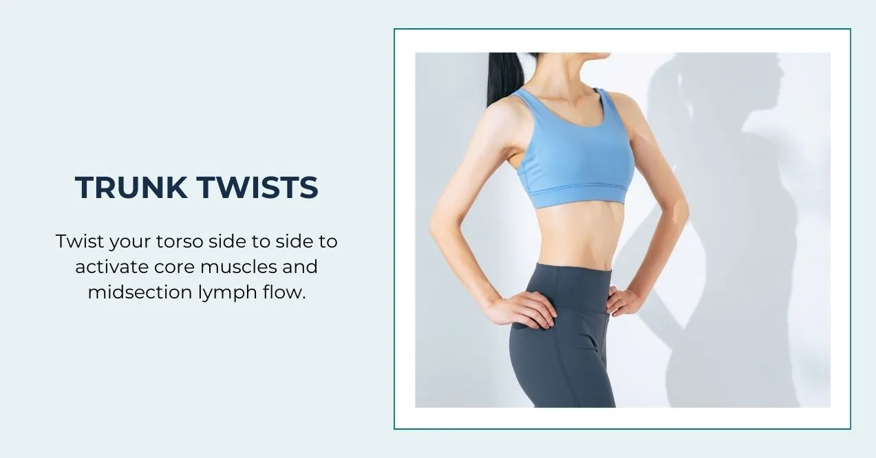 Woman twisting torso side to side for midsection lymphatic drainage exercises