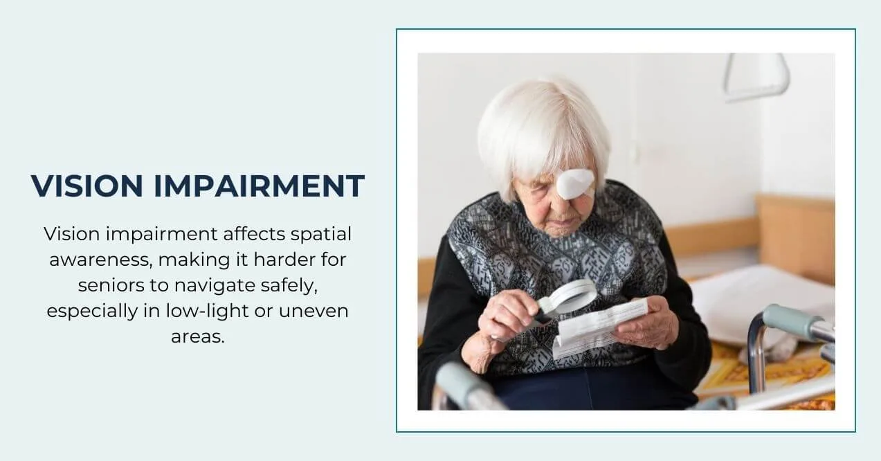 Senior woman reading a document with a magnifying glass to aid vision.