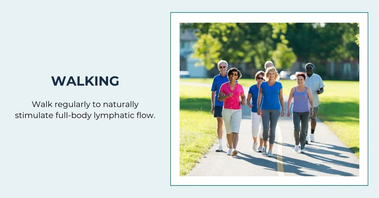 Group of older adults walking outside as a full-body lymphatic drainage exercise