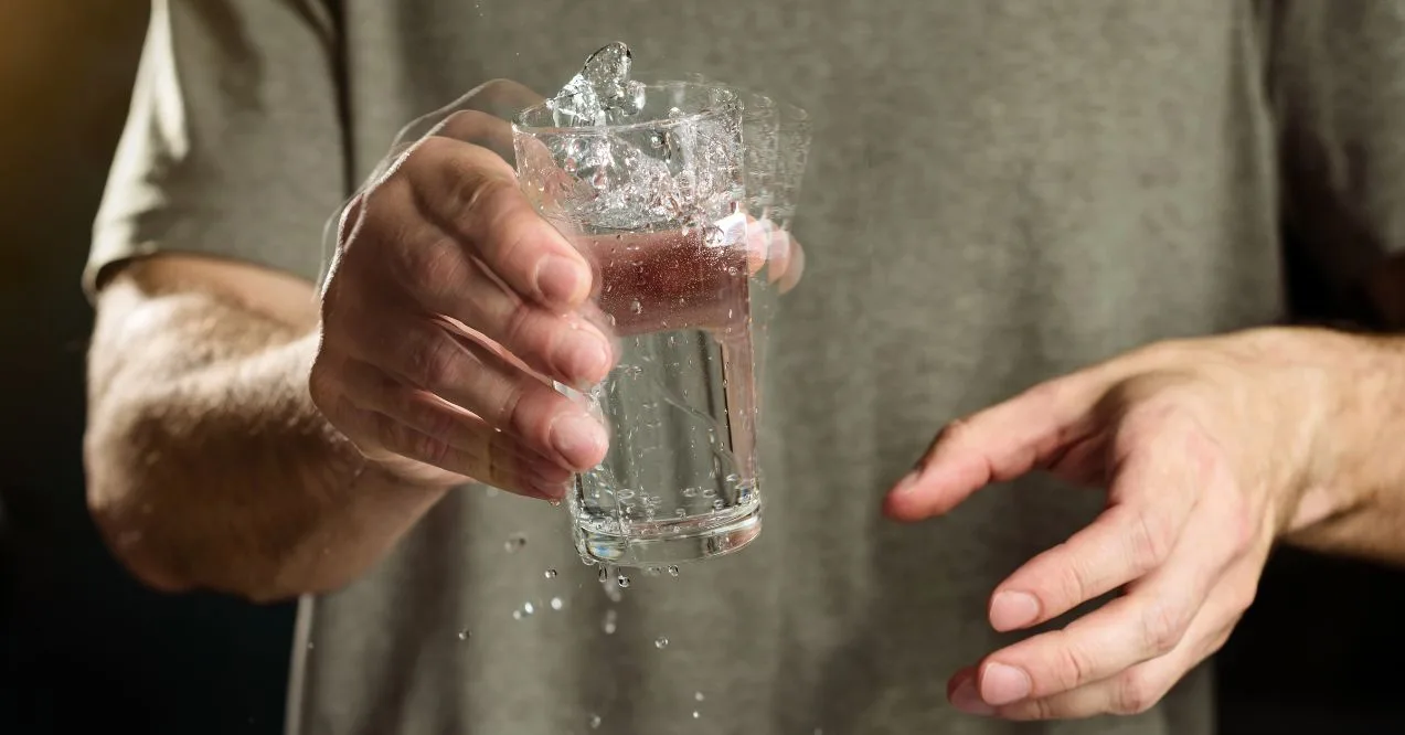 Person struggling with shaking hands, depicting Parkinson's movement symptoms.