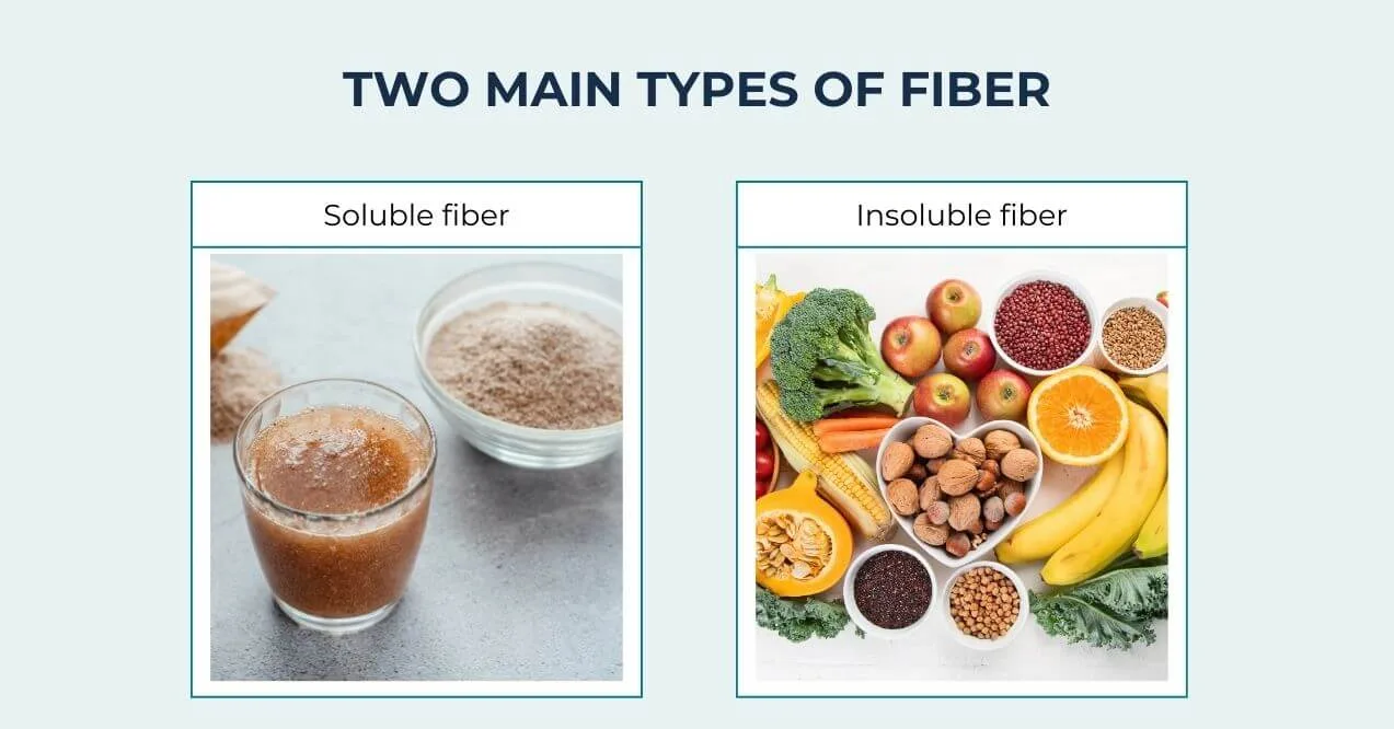 Soluble vs. insoluble fiber with drink and fruits on a light blue background