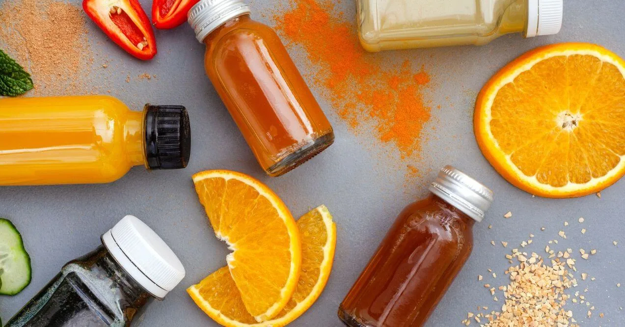 Assorted wellness shots with oranges, turmeric, and fresh ingredients