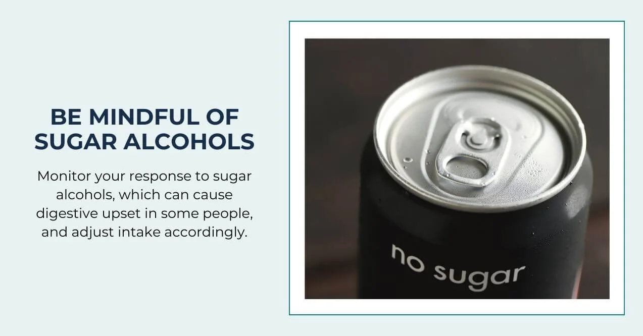 Close-up of soda can labeled "no sugar" highlighting sugar alcohol awareness
