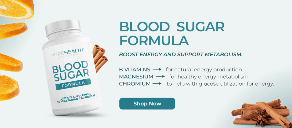 Blood Sugar Formula CTA banner with benefits and ingredients
