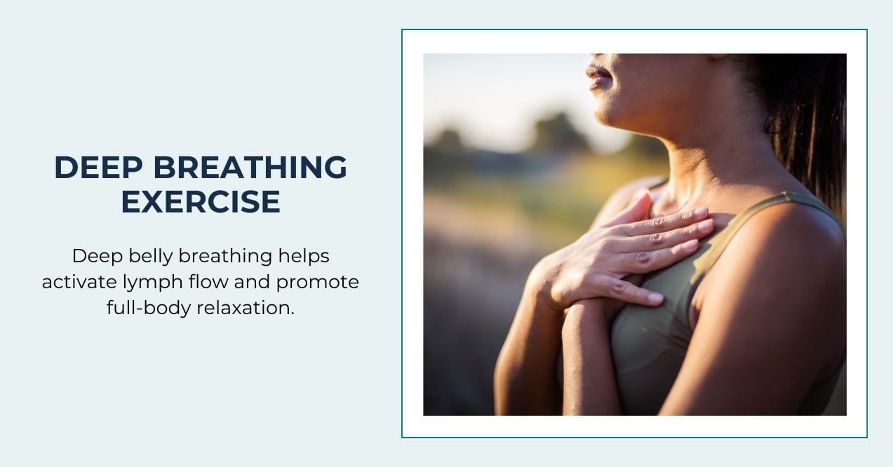 Woman outdoors with hands on chest practicing deep breathing.