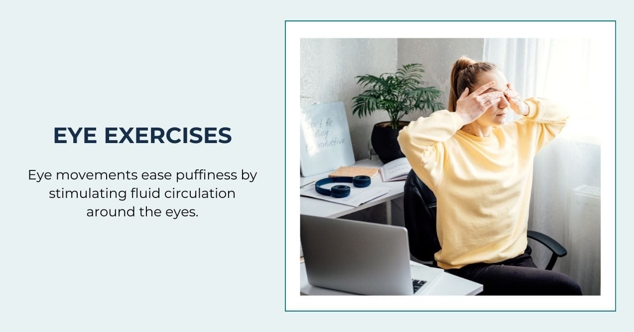 Woman at a desk gently pressing her hands over her eyes during eye exercise.