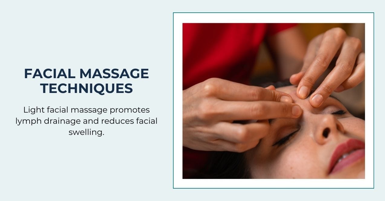 Close-up of hands performing facial massage on a woman’s forehead.