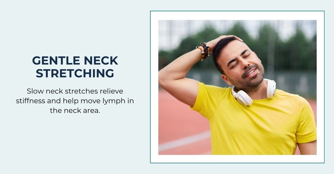 Man in yellow shirt stretching his neck with one hand on a sports court.