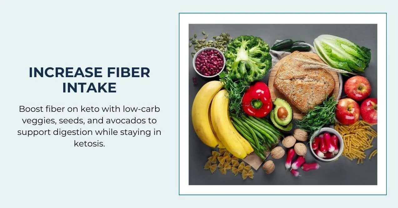 Fresh fruits, veggies, seeds, and bread on table promoting fiber on keto