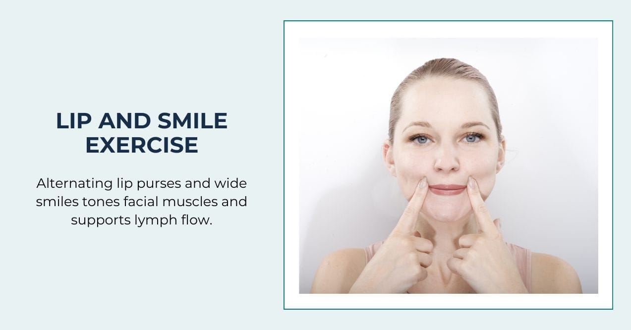 Woman demonstrating facial exercise by pressing the corners of her mouth into a smile.