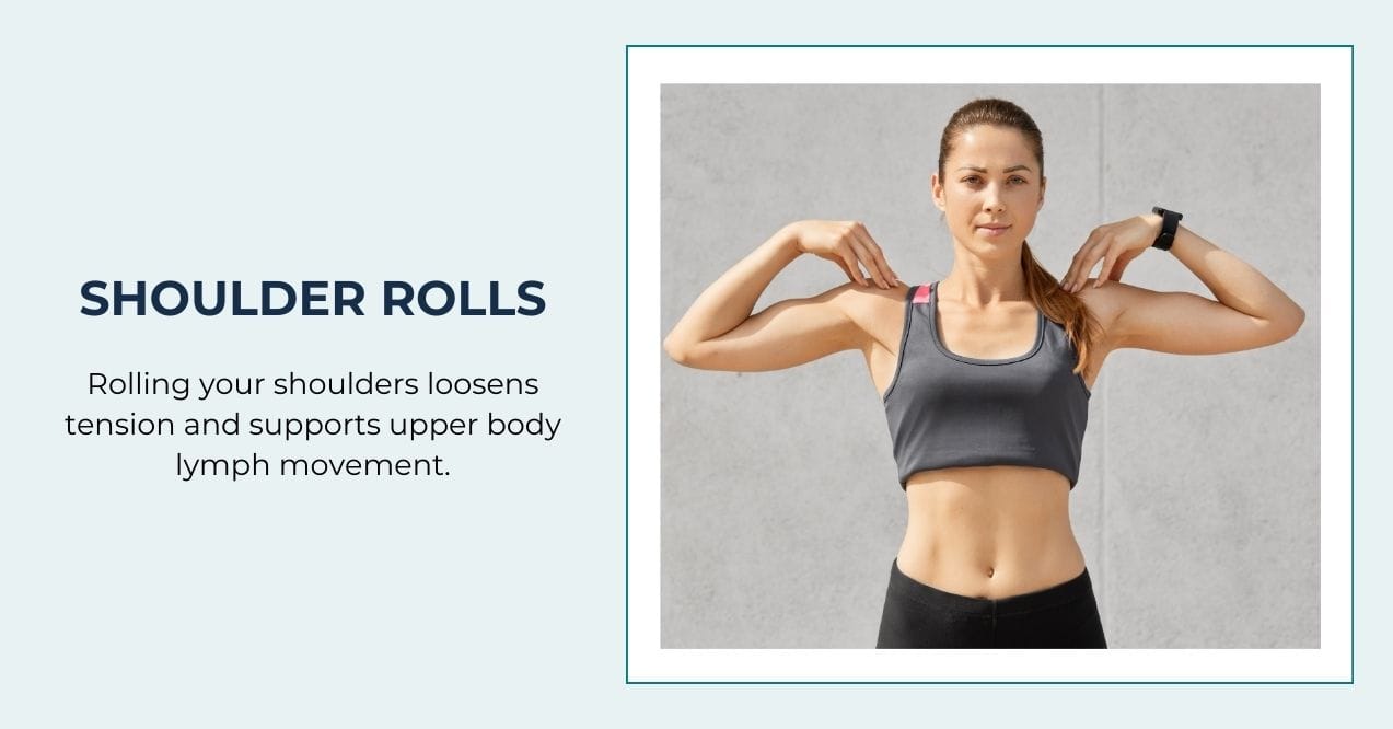 Woman in workout clothes performing shoulder roll exercise outdoors.