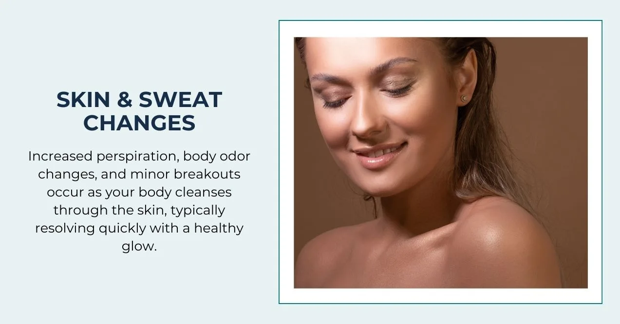 Close-up of a woman smiling, showing skin and sweat changes after a lymphatic massage.