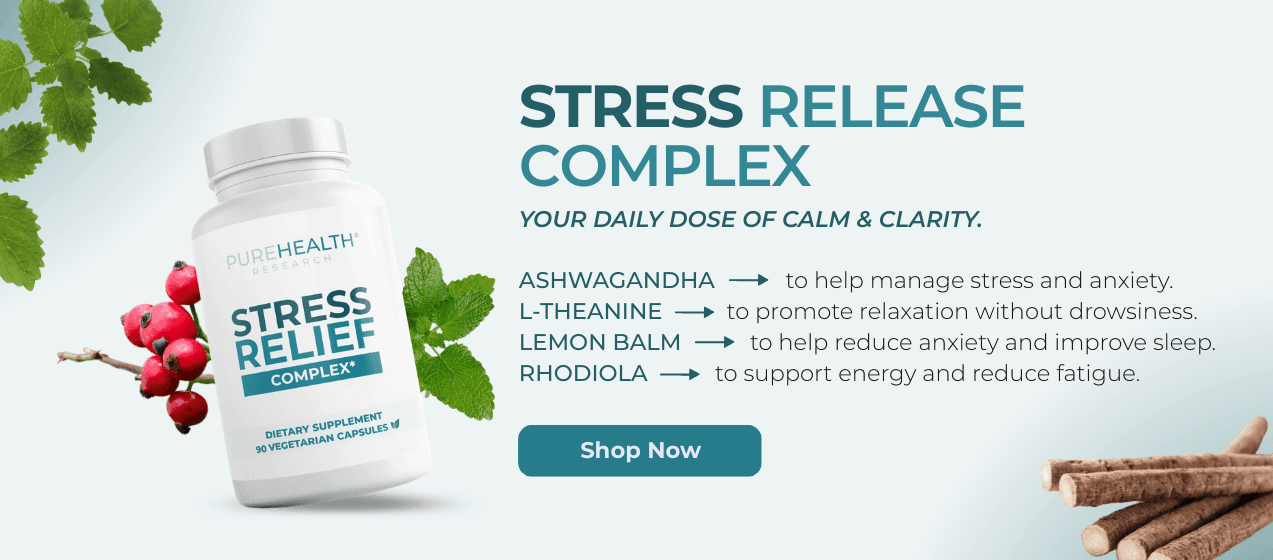 Stress Relief Complex CTA banner with benefits and ingredients