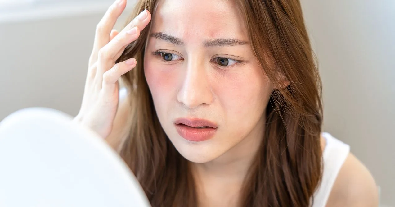Woman with facial redness and concern looking into mirror