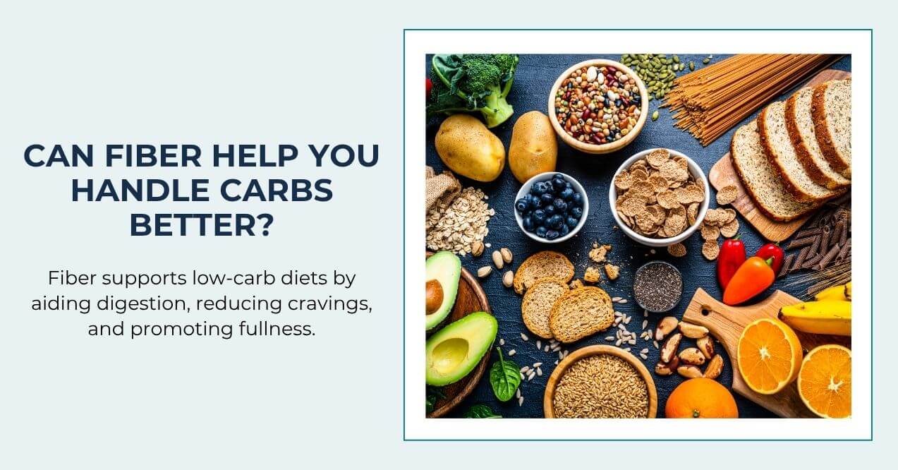 Variety of high-fiber foods like grains, fruits, and vegetables on a table