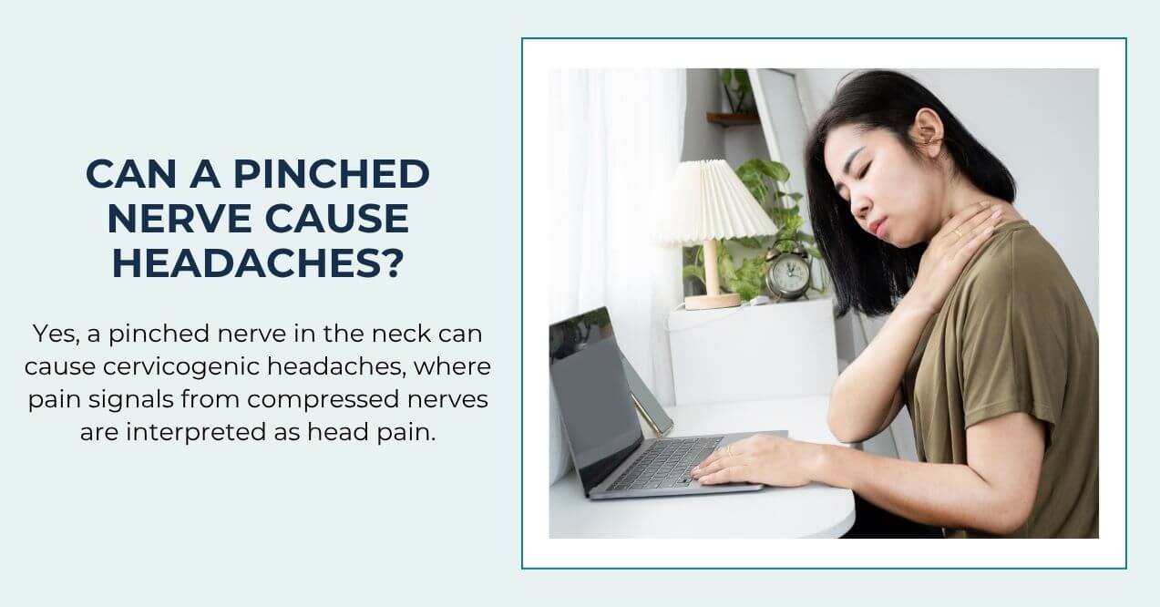 Woman sitting at a desk with neck pain, showing possible pinched nerve headache.