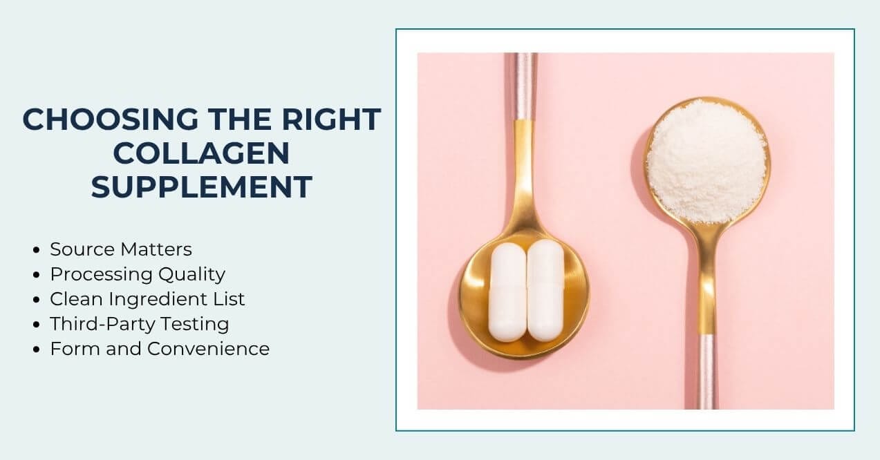 Gold spoons with collagen capsules and powder on a pink background.