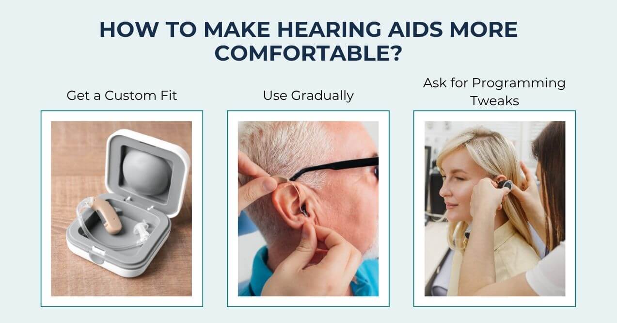 Images showing a hearing aid case, custom fitting, and programming tweaks for comfort.