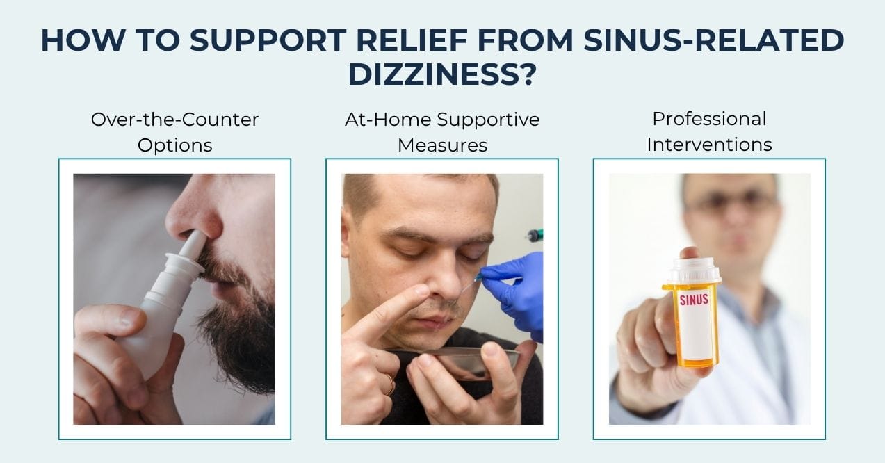 Three options for sinus dizziness relief: nasal spray, nasal rinse, and prescription bottle.