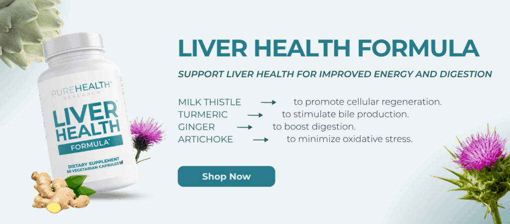 Liver health formula CTA banner with benefits and ingredients